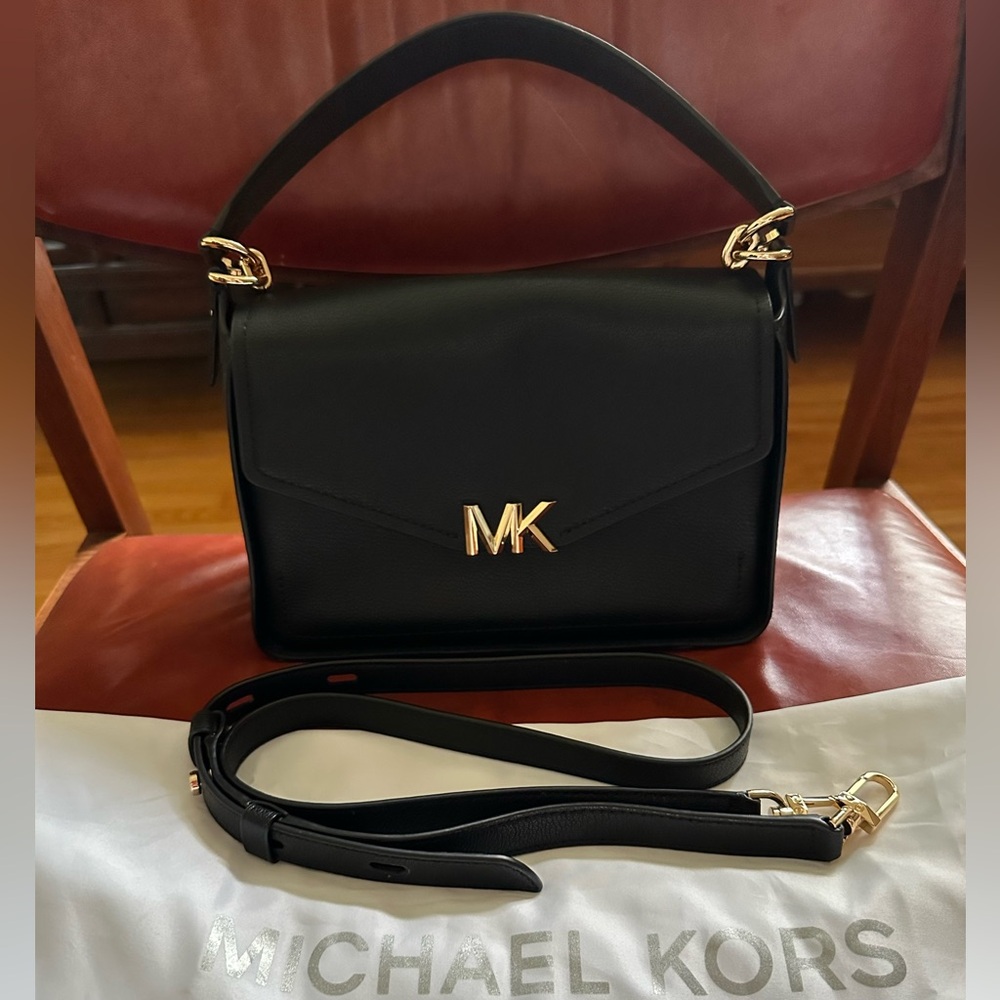 Michael Kors Sylvia Medium Black Shoulder Bag with Gold Accents